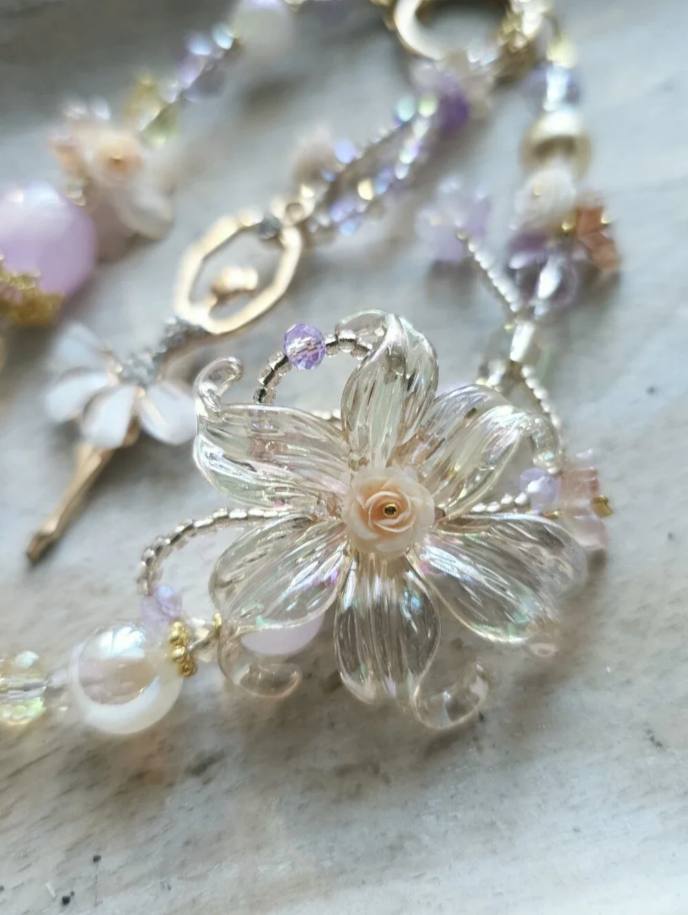 🩰 NWT Handcrafted Phone Charm Pink Ballerina Centered and Glass Crystal Flower